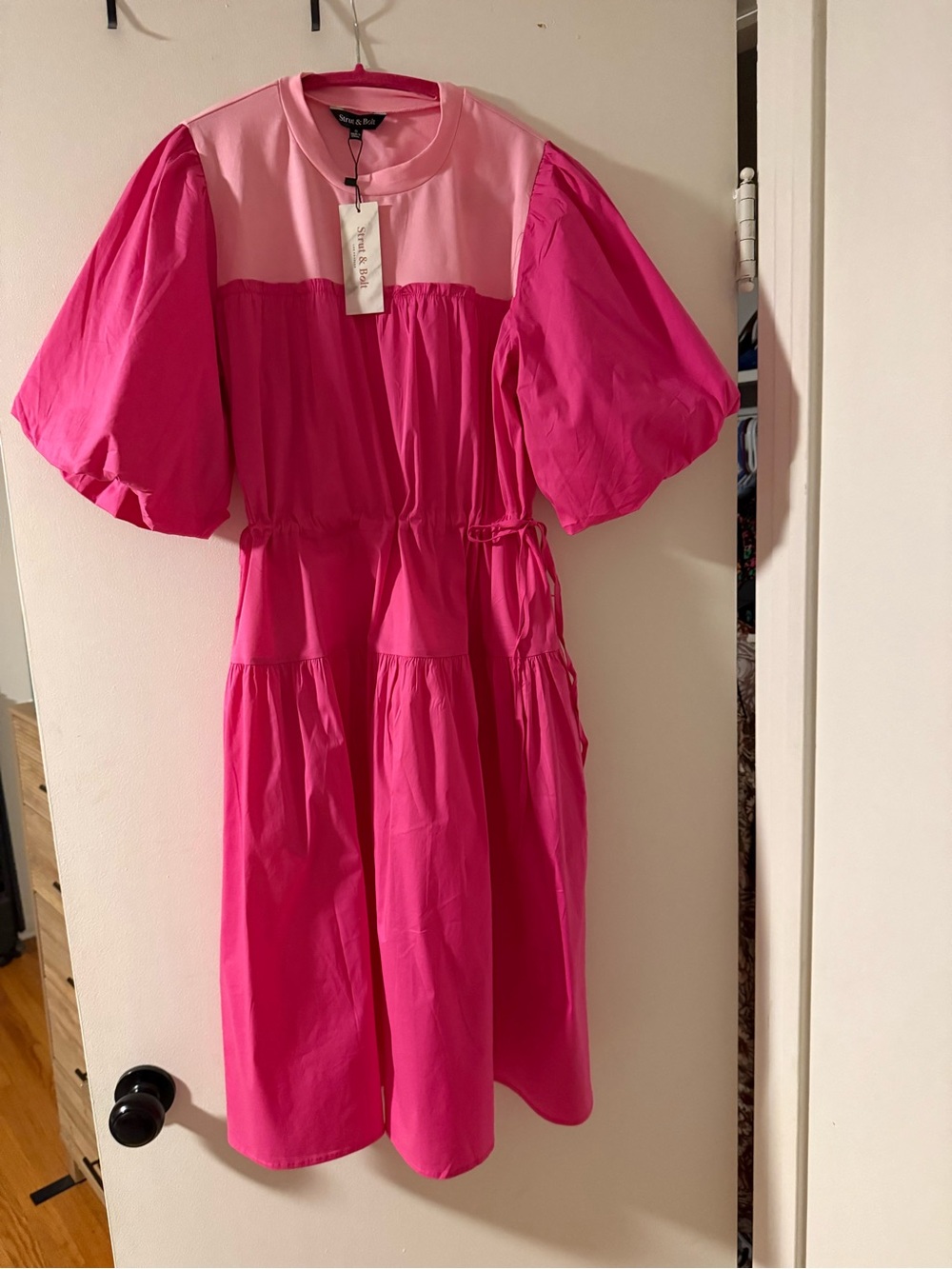 Pink Puff-Sleeve Tiered Dress